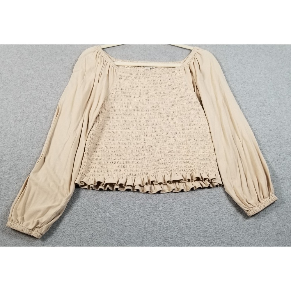 LOFT Blouse Women M Medium Beige Smock Long Sleeve Ruffle Hem Cotton Top Stretch